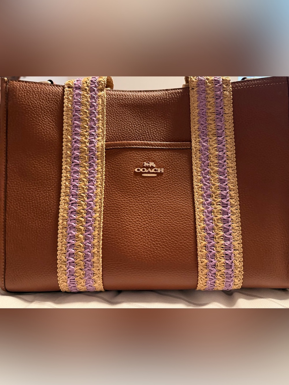 Coach Brown Leather Tote with Purple & Natural Straw-Strap Detail